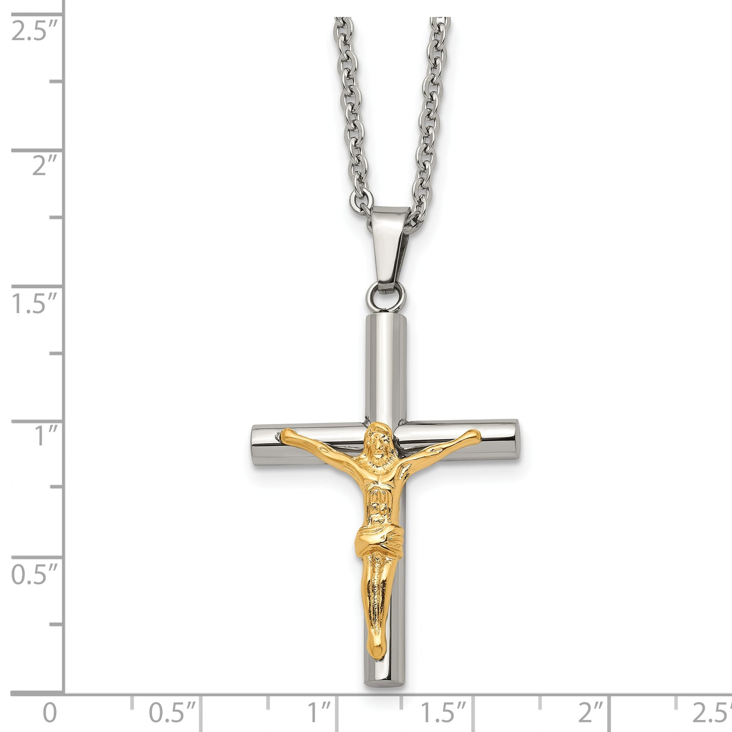 Stainless Steel Chisel Polished Yellow Ip-Plated Crucifix Pendant On A 20 Inch Cable Chain Necklace