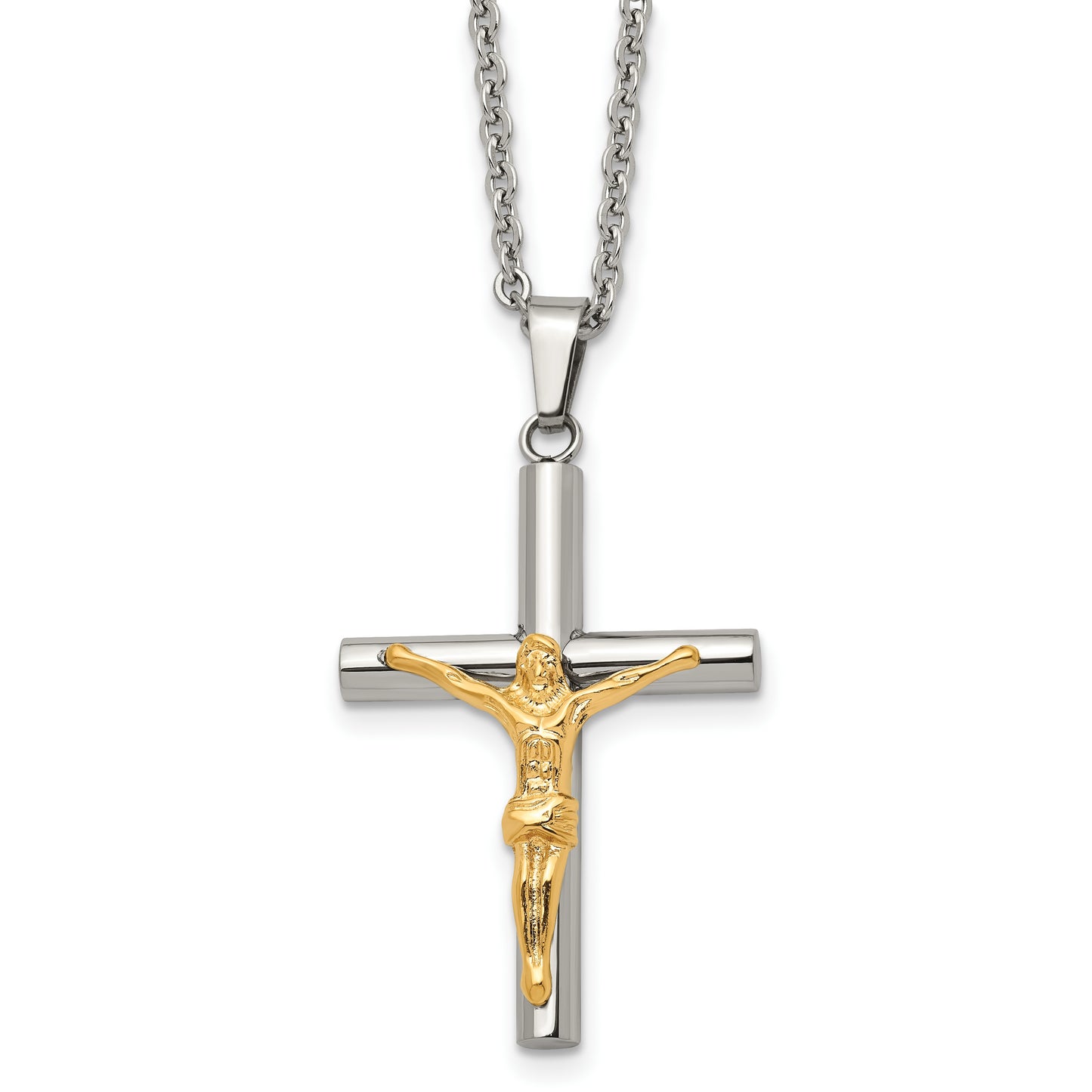 Stainless Steel Chisel Polished Yellow Ip-Plated Crucifix Pendant On A 20 Inch Cable Chain Necklace