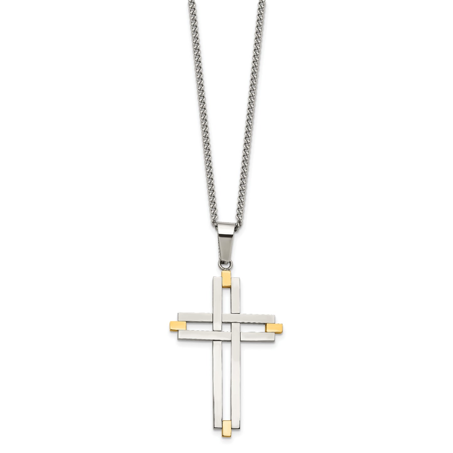 Stainless Steel Chisel Polished Yellow Ip-Plated Cross Pendant On A 22 Inch Curb Chain Necklace