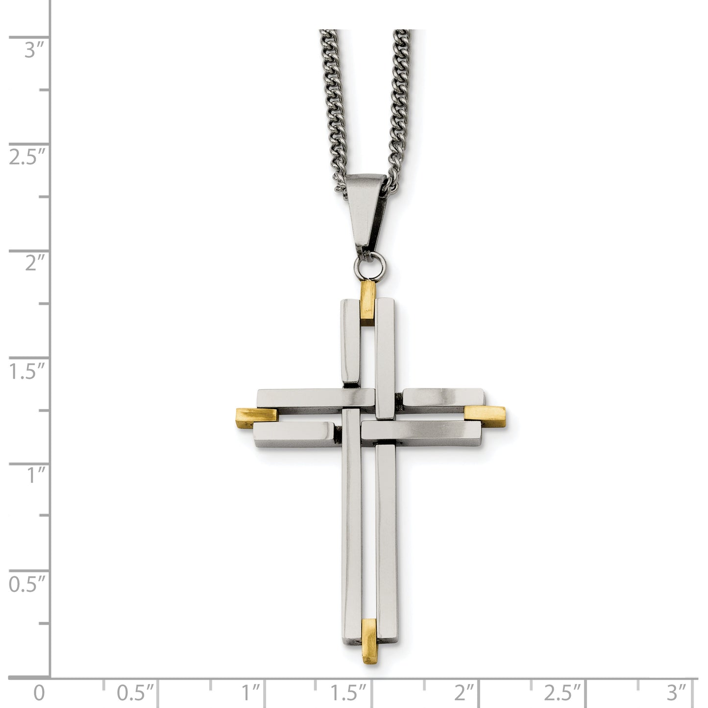 Stainless Steel Chisel Polished Yellow Ip-Plated Cross Pendant On A 22 Inch Curb Chain Necklace