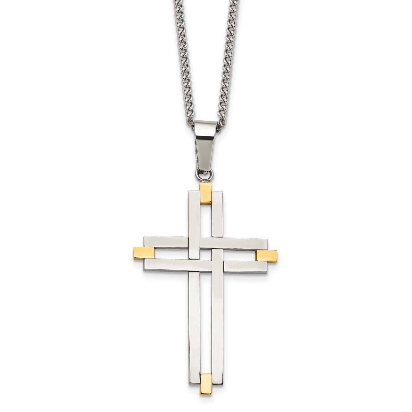 Stainless Steel Chisel Polished Yellow Ip-Plated Cross Pendant On A 22 Inch Curb Chain Necklace