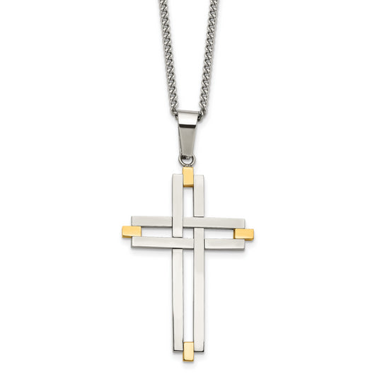 Stainless Steel Chisel Polished Yellow Ip-Plated Cross Pendant On A 22 Inch Curb Chain Necklace