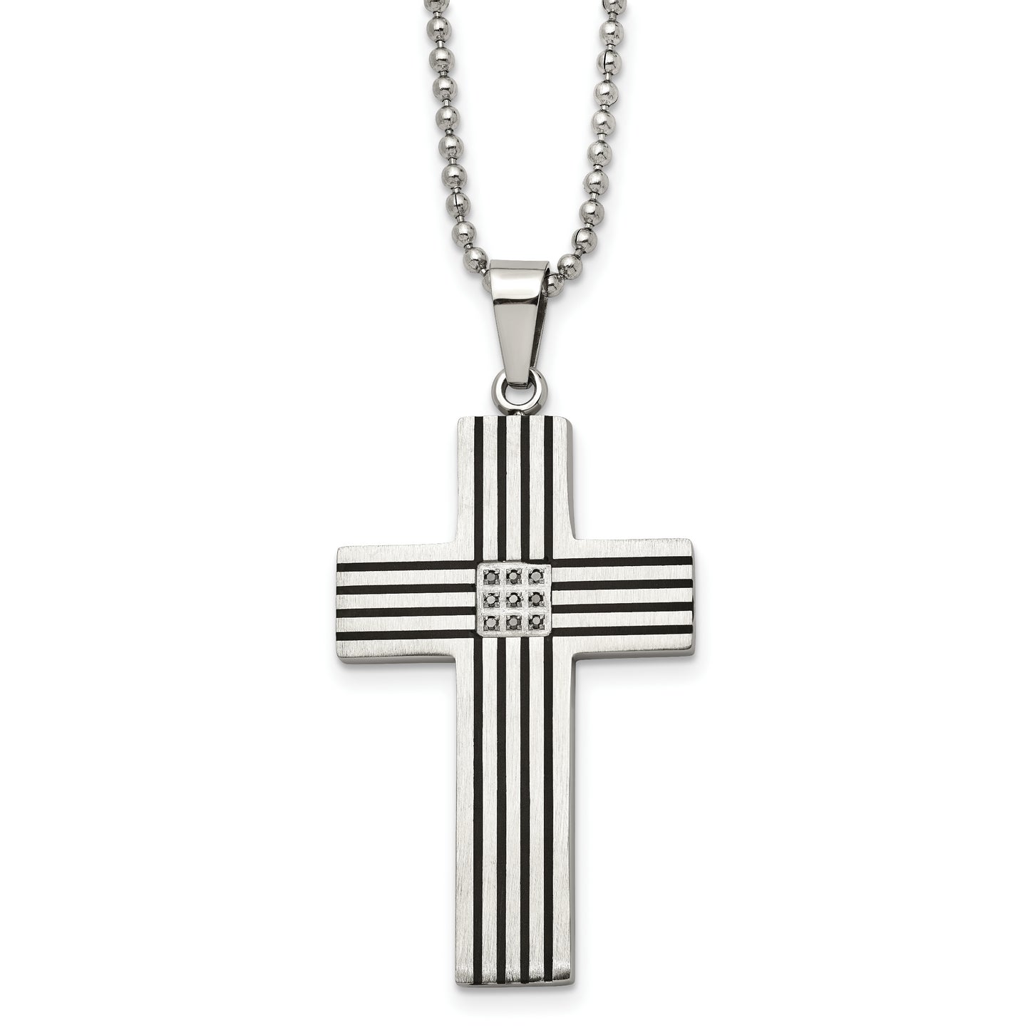 Stainless Steel Chisel Polished Black Ip-Plated 1/20 Carat Diamond Striped Cross Pendant On A 22 Inch Ball Chain Necklace