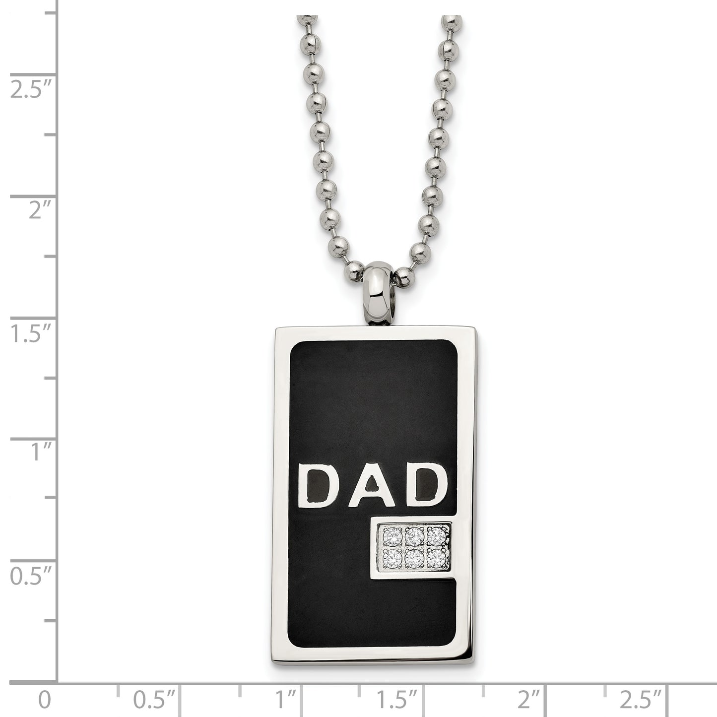 Stainless Steel Chisel Polished Black Ip-Plated With Cz Dad Dog Tag On A 24 Inch Ball Chain Necklace