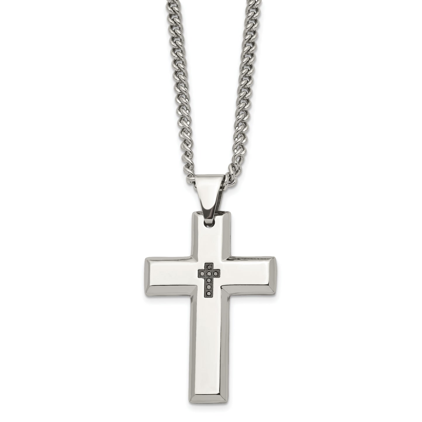 Stainless Steel Chisel Polished 1/10 Carat Black Diamond Cross Pendant On A 22 Inch Curb Chain Necklace