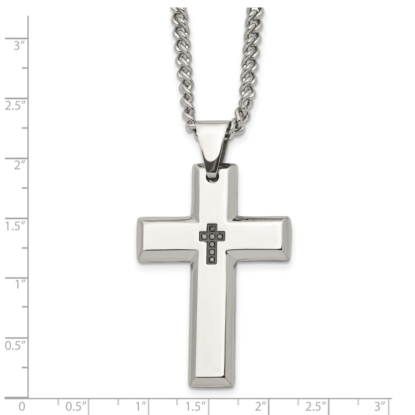 Stainless Steel Chisel Polished 1/10 Carat Black Diamond Cross Pendant On A 22 Inch Curb Chain Necklace