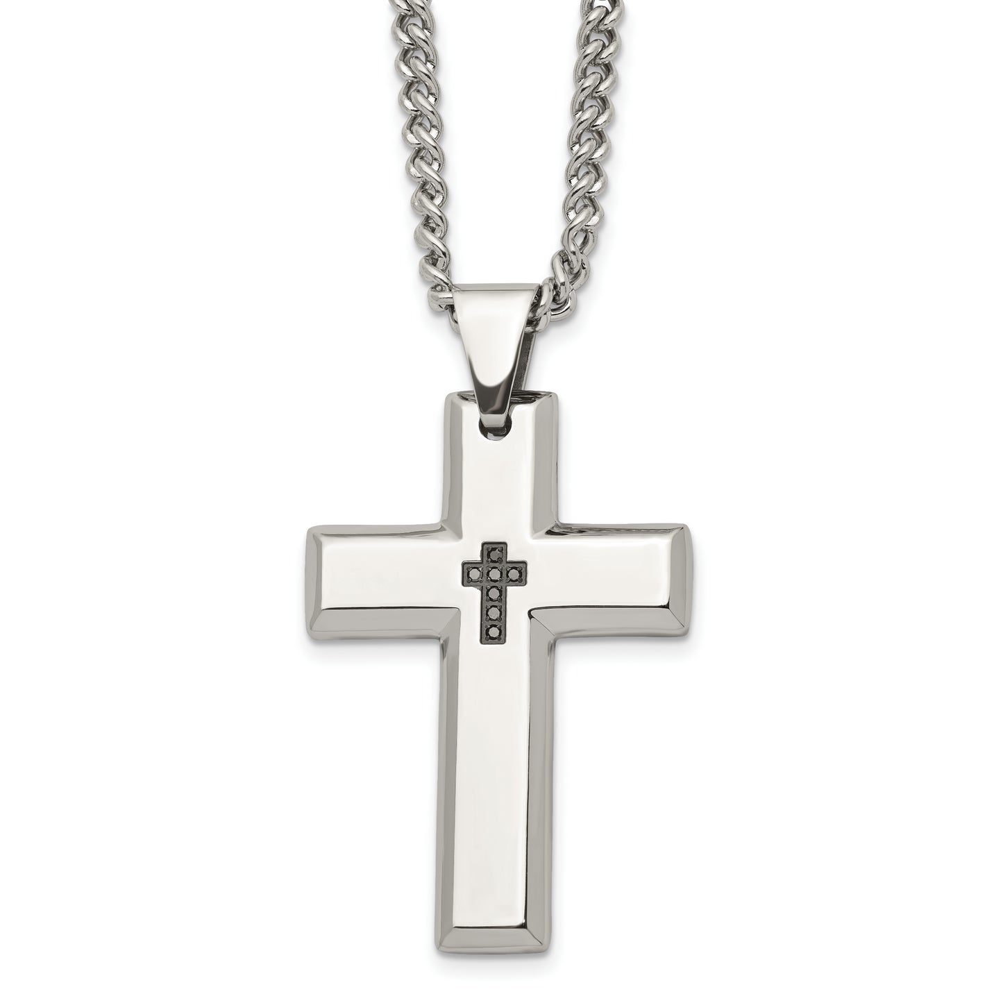 Stainless Steel Chisel Polished 1/10 Carat Black Diamond Cross Pendant On A 22 Inch Curb Chain Necklace