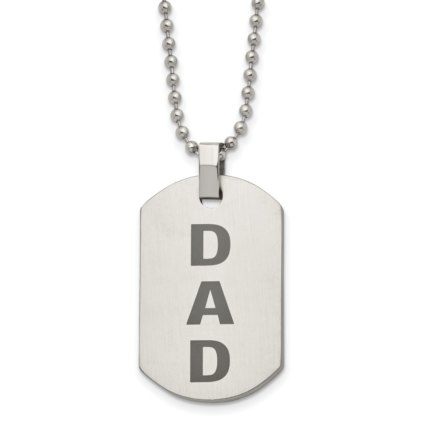 Stainless Steel Chisel Polished And Lasered Dad Dog Tag On A 24 Inch Ball Chain Necklace