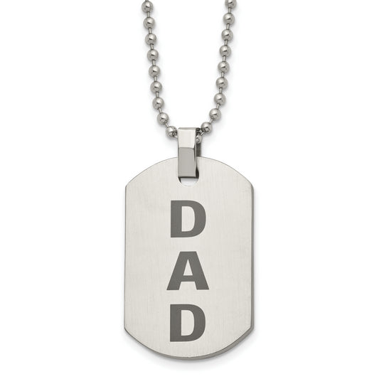 Stainless Steel Chisel Polished And Lasered Dad Dog Tag On A 24 Inch Ball Chain Necklace