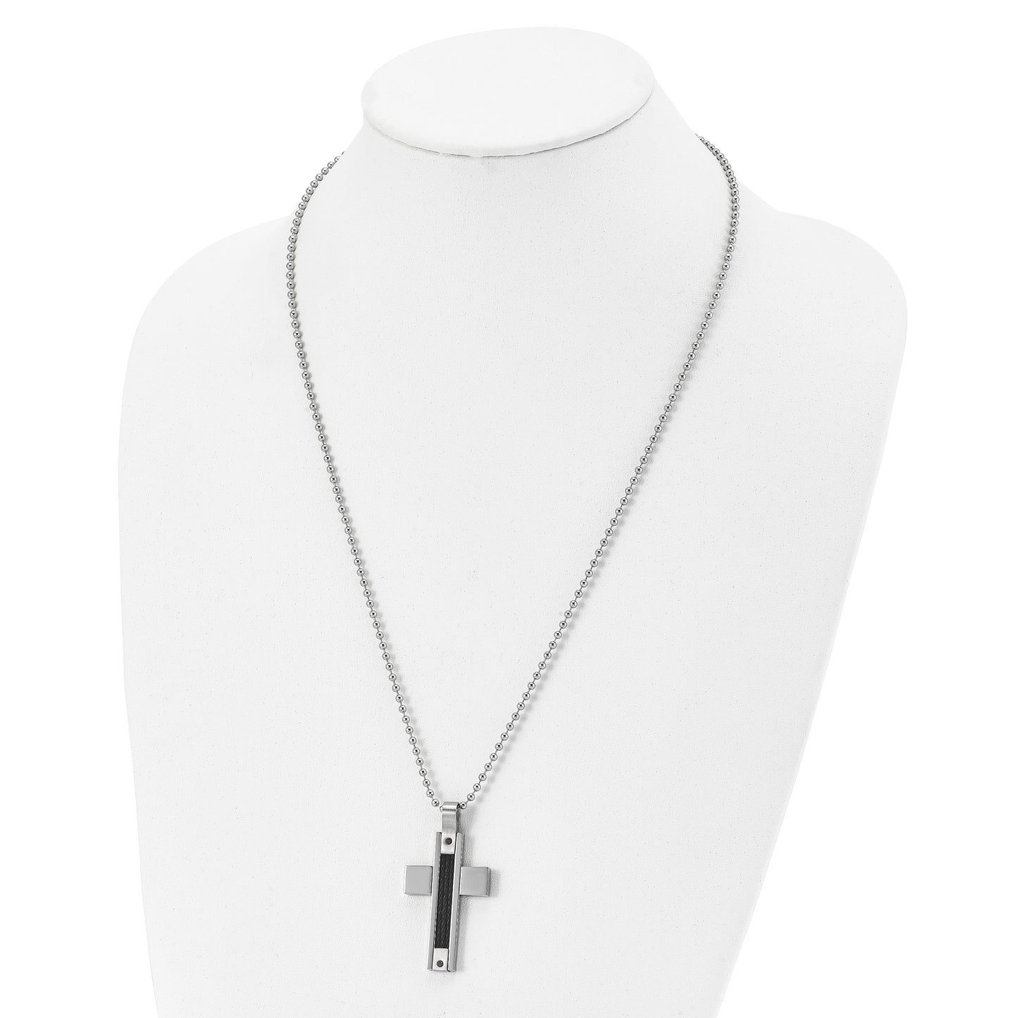 Stainless Steel Chisel Polished Black Ip-Plated Cable 1/20 Carat Diamond Cross Pendant Ona 24 Inch Ball Chain Necklace