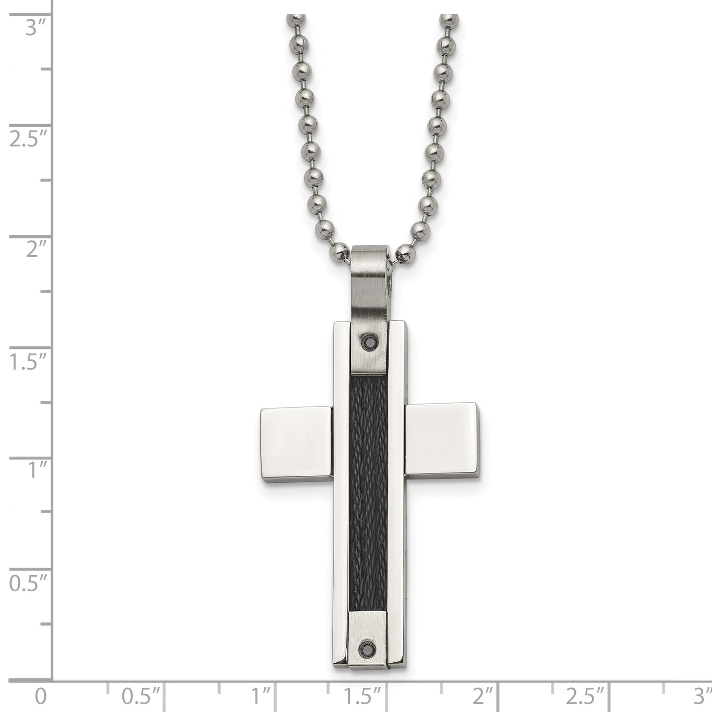 Stainless Steel Chisel Polished Black Ip-Plated Cable 1/20 Carat Diamond Cross Pendant Ona 24 Inch Ball Chain Necklace