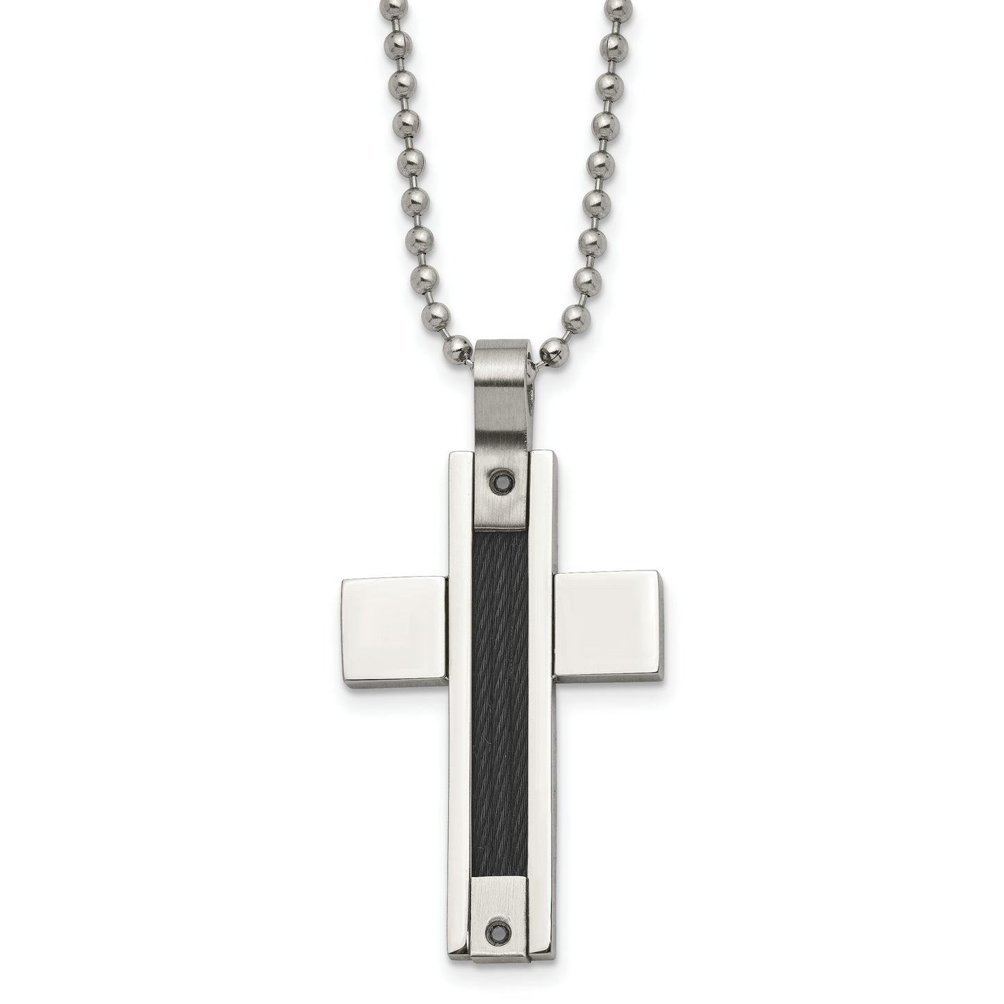 Stainless Steel Chisel Polished Black Ip-Plated Cable 1/20 Carat Diamond Cross Pendant Ona 24 Inch Ball Chain Necklace