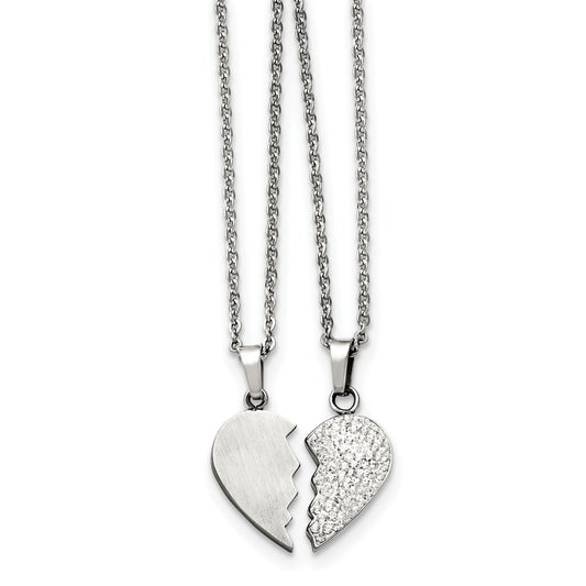 20.00 Inch Chisel Stainless Steel 1/2 Heart Brushed And Crystal Pendants On 20 Cable Chain Necklace Set