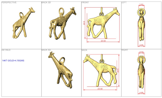 LARGER VERSION 14k Yellow Gold Solid Polished 3-D Giraffe Charm