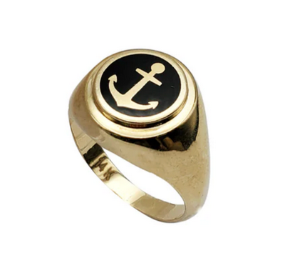 PAUL DONNELLY CUSTOM ORDER - Black ENAMEL with Anchor Design Men's Ring in 10K Yellow Gold