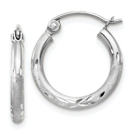 14K White Gold Satin And Diamond-Cut 2mm Round Hoop Earrings