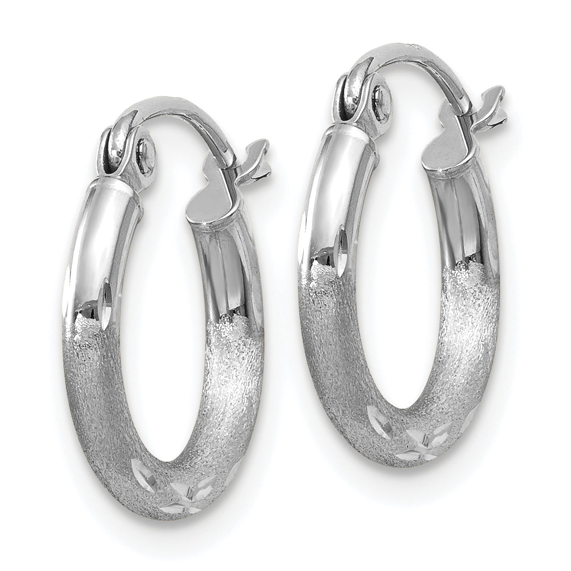 14K White Gold Satin And Diamond-Cut 2mm Round Hoop Earrings