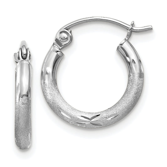 14K White Gold Satin And Diamond-Cut 2mm Round Hoop Earrings