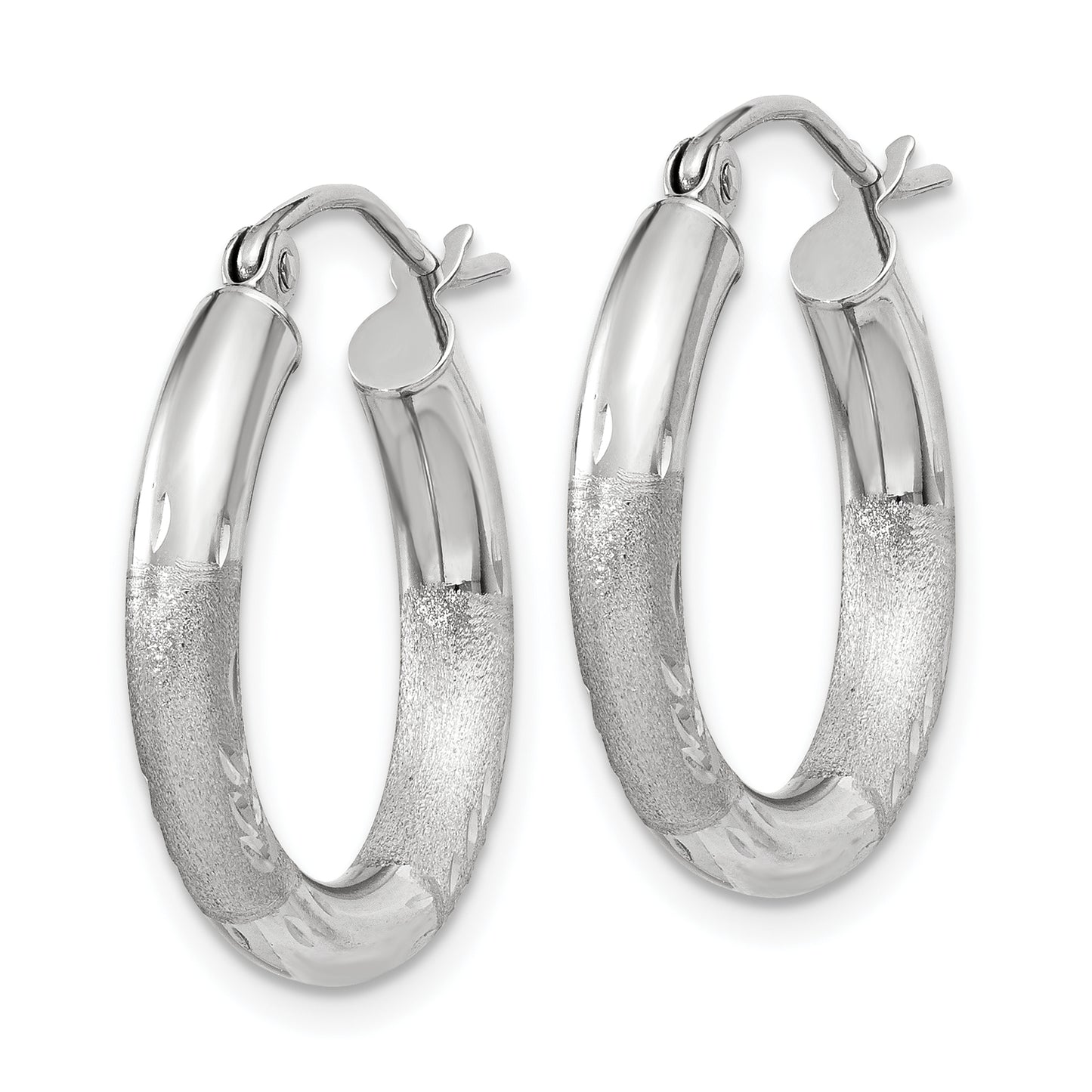 14K White Gold Satin And Diamond-Cut 3mm Round Hoop Earrings