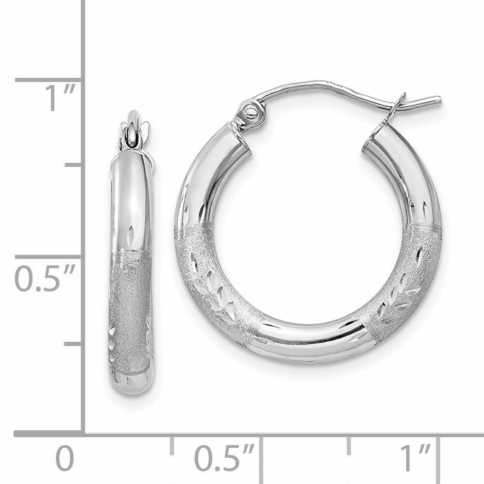 14K White Gold Satin And Diamond-Cut 3mm Round Hoop Earrings