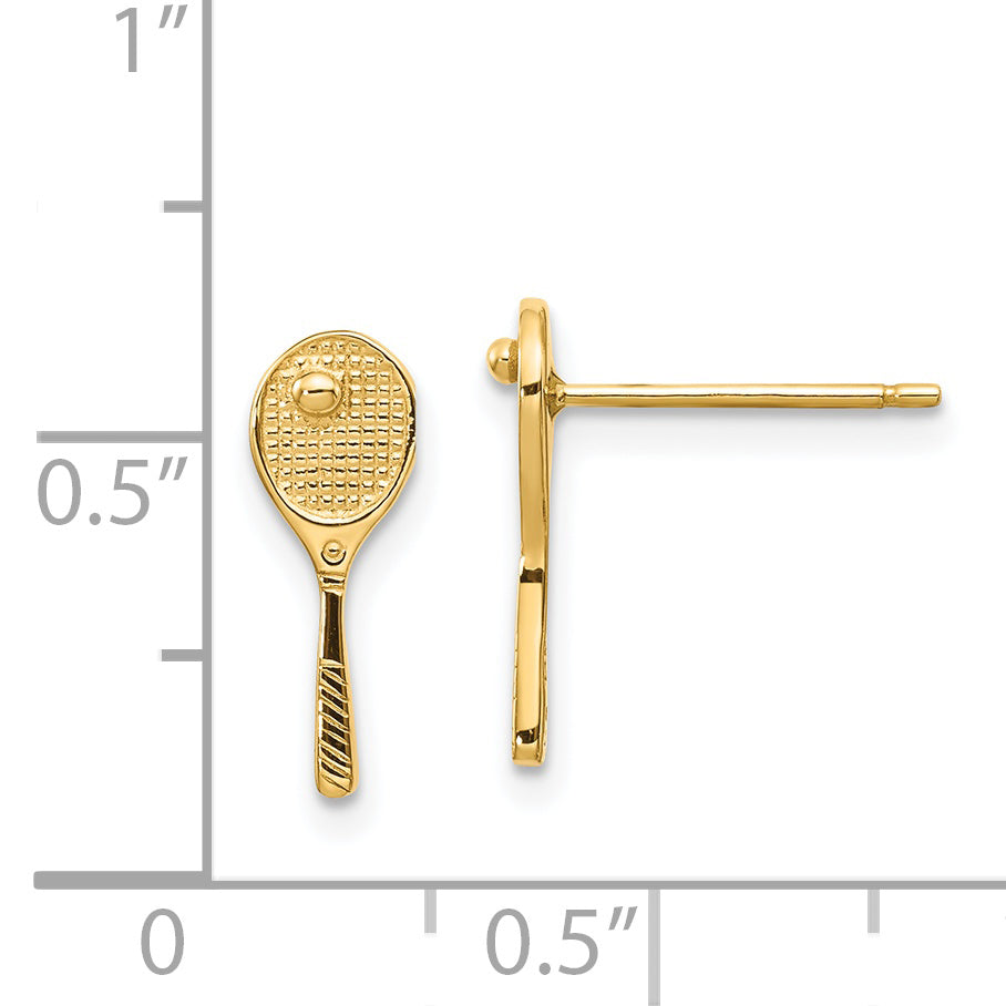 14K Yellow Gold Mini Tennis Racquet W/Ball Post Earrings