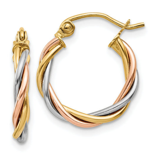 14K Tri-Color Polished 2.5mm Twisted Hoop Earrings