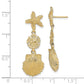 14K Yellow Gold Starfish, Sand Dollar ,Scallop Shell Dangle Earrings