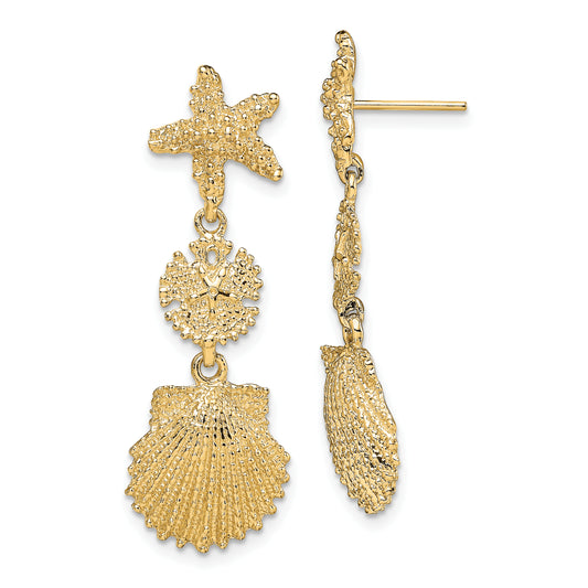 14K Yellow Gold Starfish, Sand Dollar ,Scallop Shell Dangle Earrings