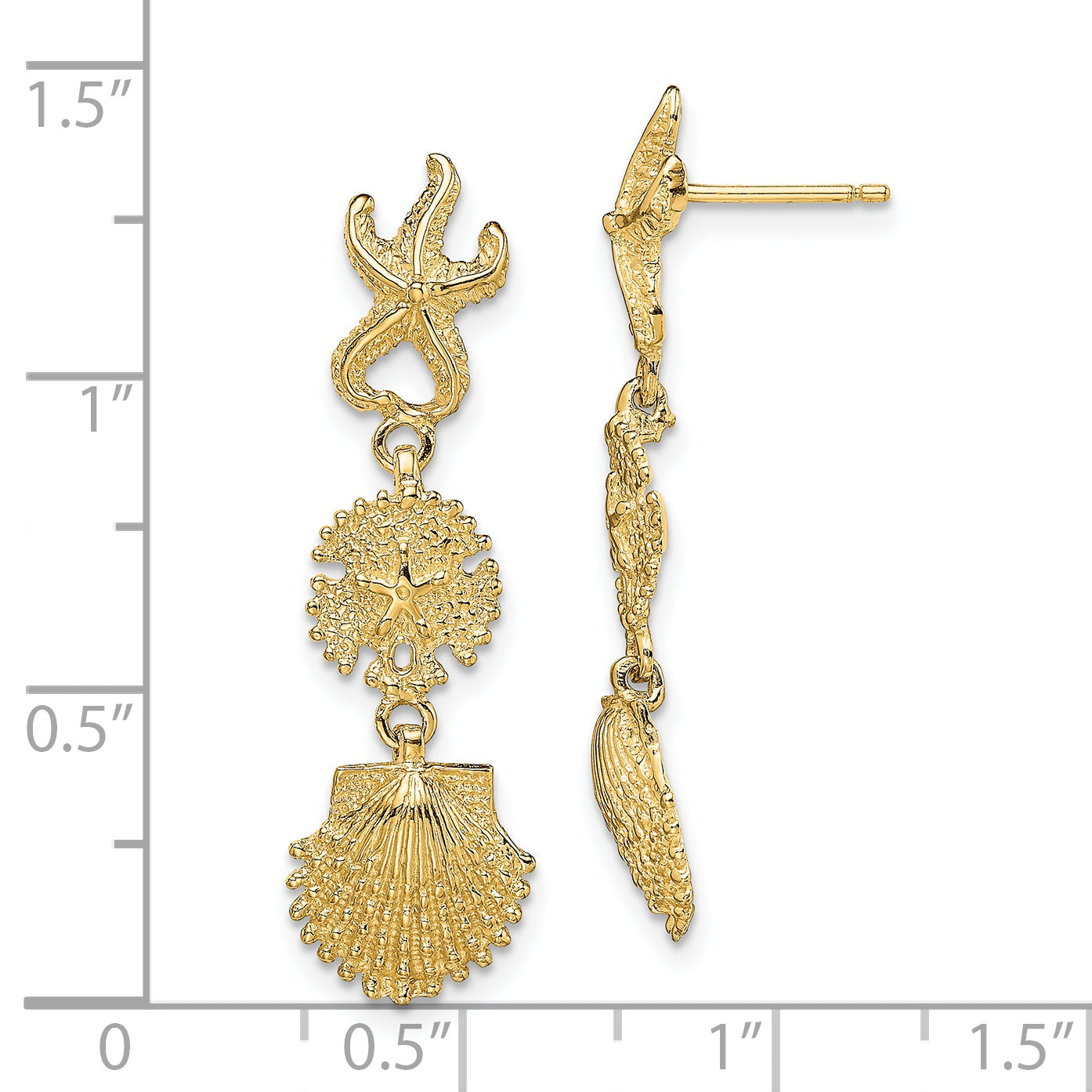 14K Yellow Gold Starfish, Sand Dollar ,Scallop Shell Dangle Earrings