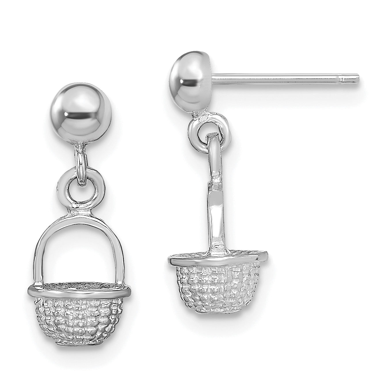 14K White Gold 3-D Mini Basket Drop Earrings