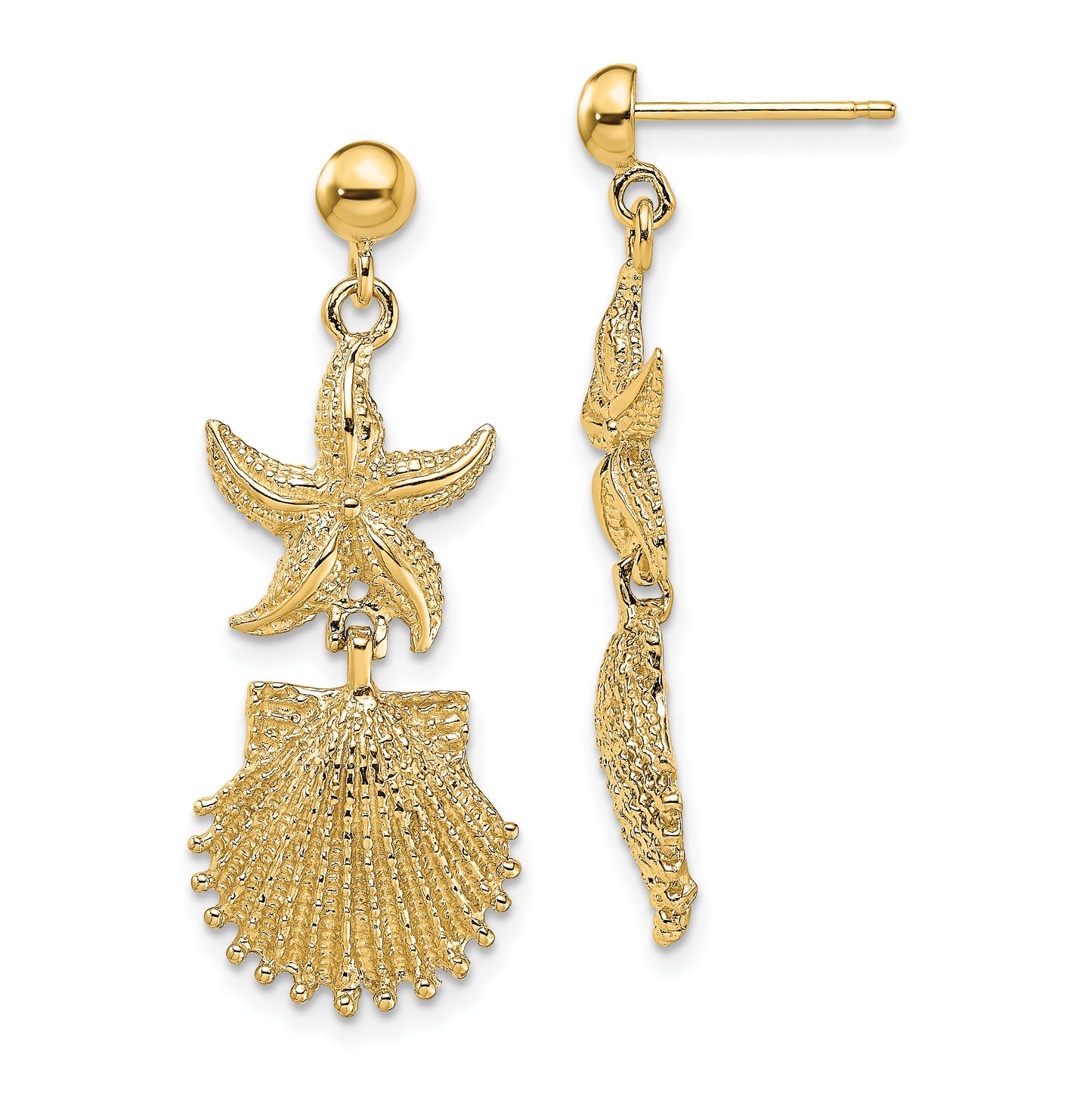 14K Yellow Gold Starfish/Scallop Shell Dangle Earrings