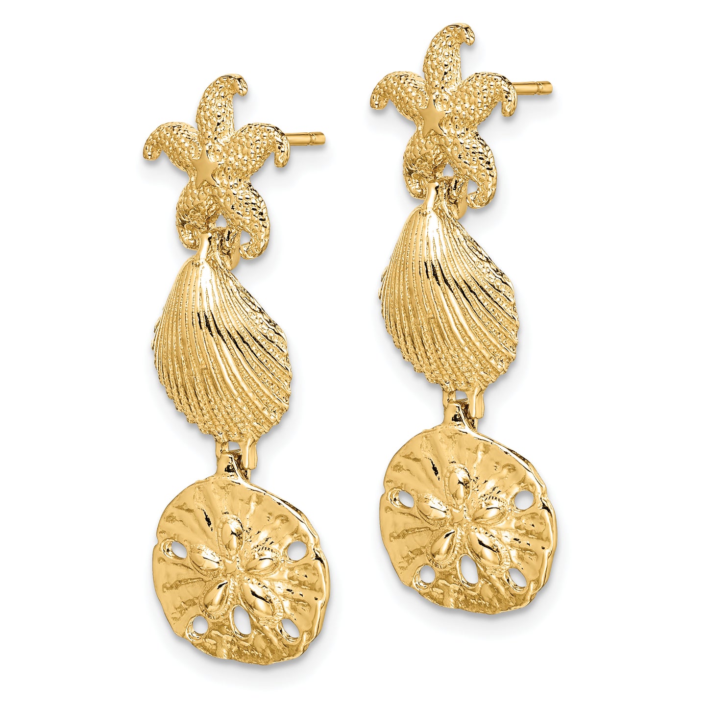 14K Yellow Gold Starfish, Shell ,Sand Dollar Dangle Earrings