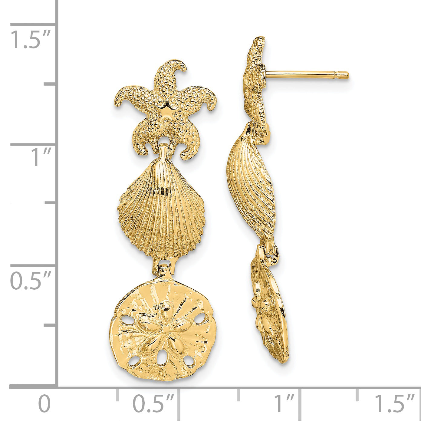 14K Yellow Gold Starfish, Shell ,Sand Dollar Dangle Earrings