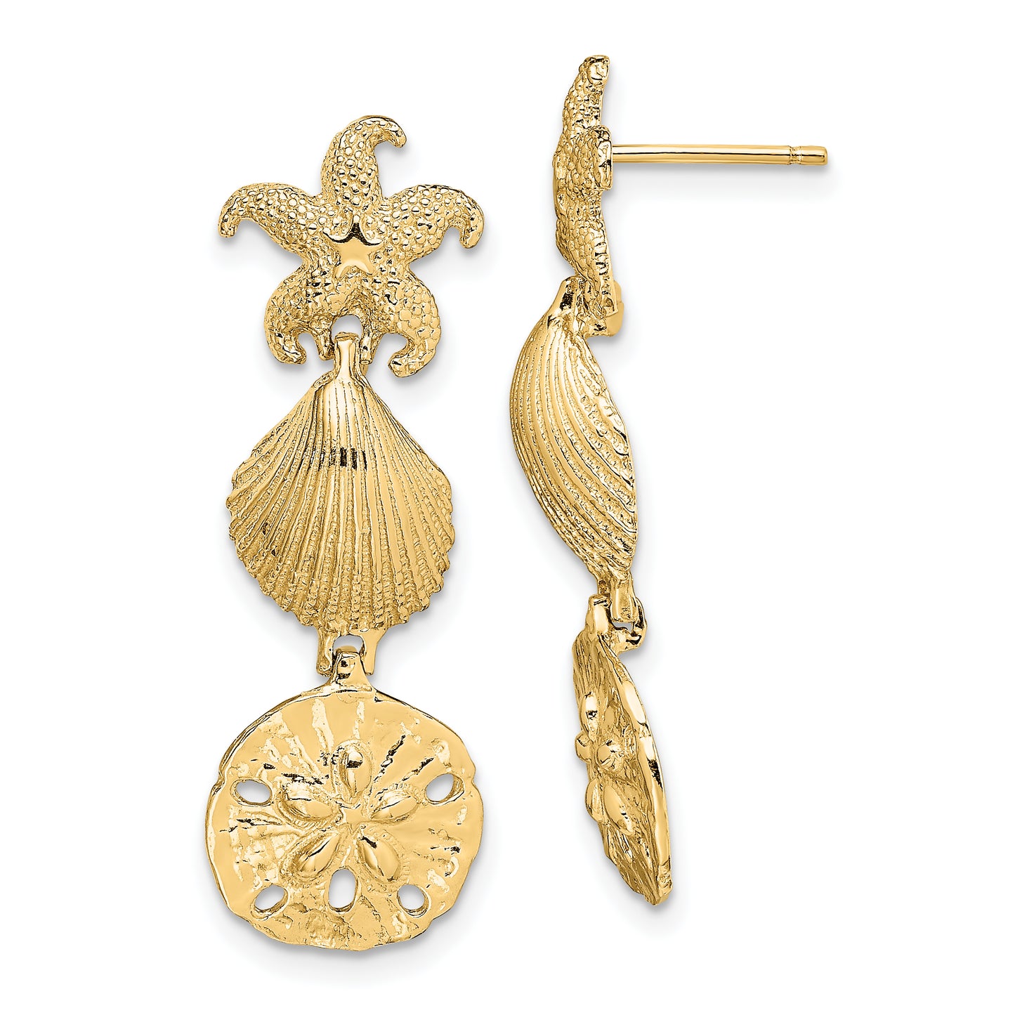 14K Yellow Gold Starfish, Shell ,Sand Dollar Dangle Earrings