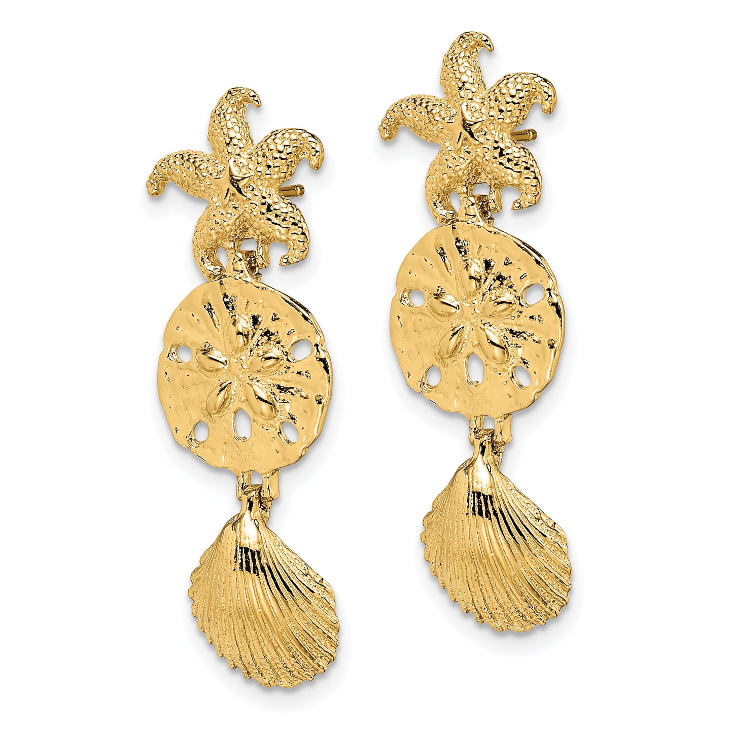 14K Yellow Gold D/C Starfish, Shell ,Sand Dollar Dangle Earrings