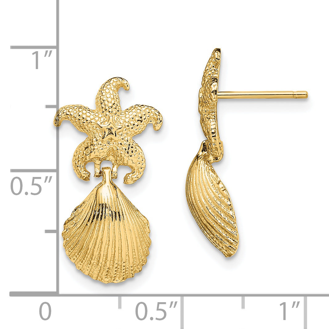 14K Yellow Gold Starfish /Scallop Shell Dangle Earrings