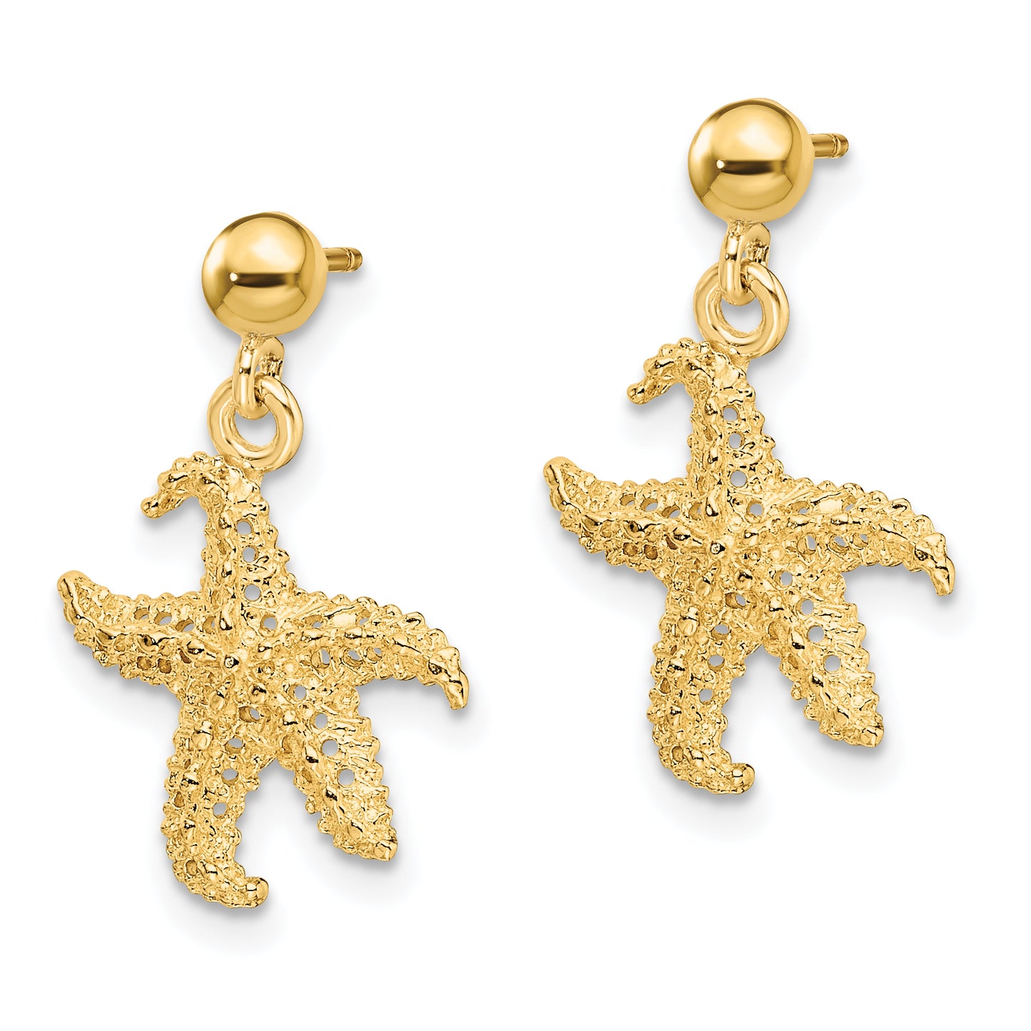 14K Yellow Gold 3D Starfish Post Dangle Earrings