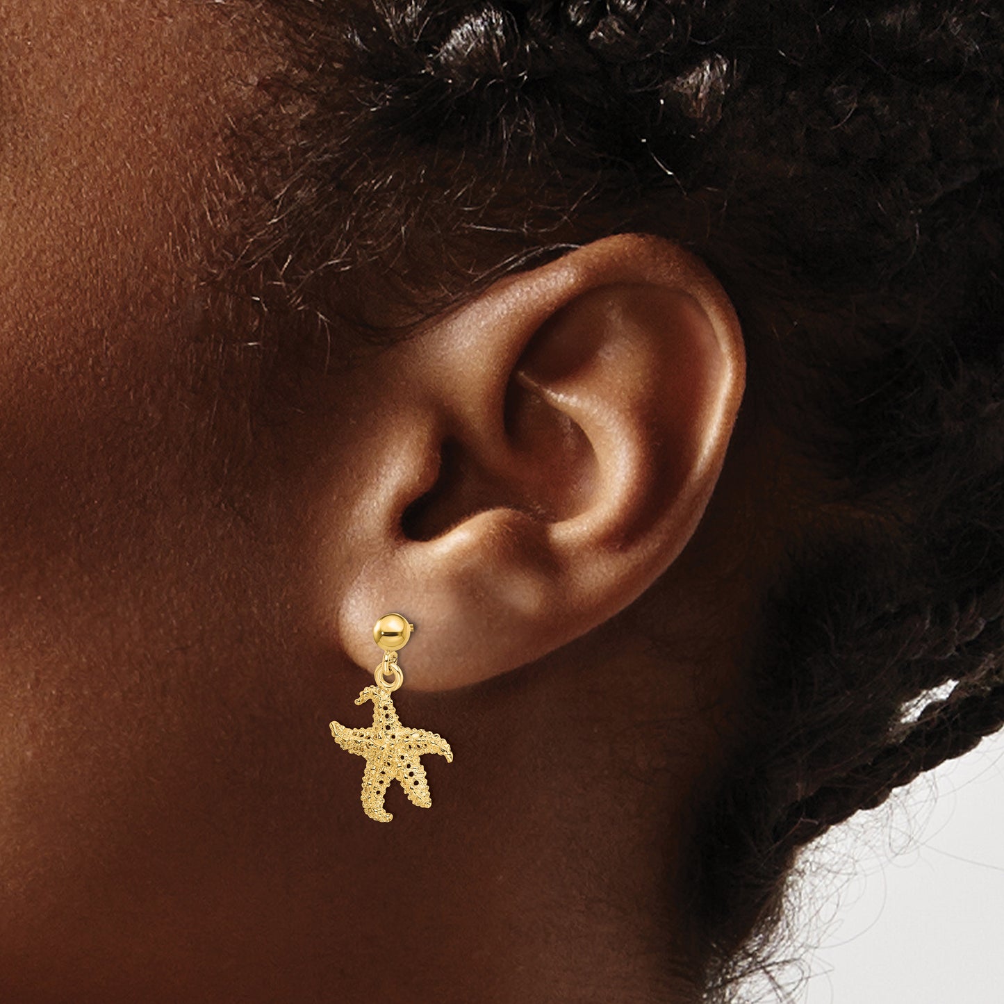 14K Yellow Gold 3D Starfish Post Dangle Earrings