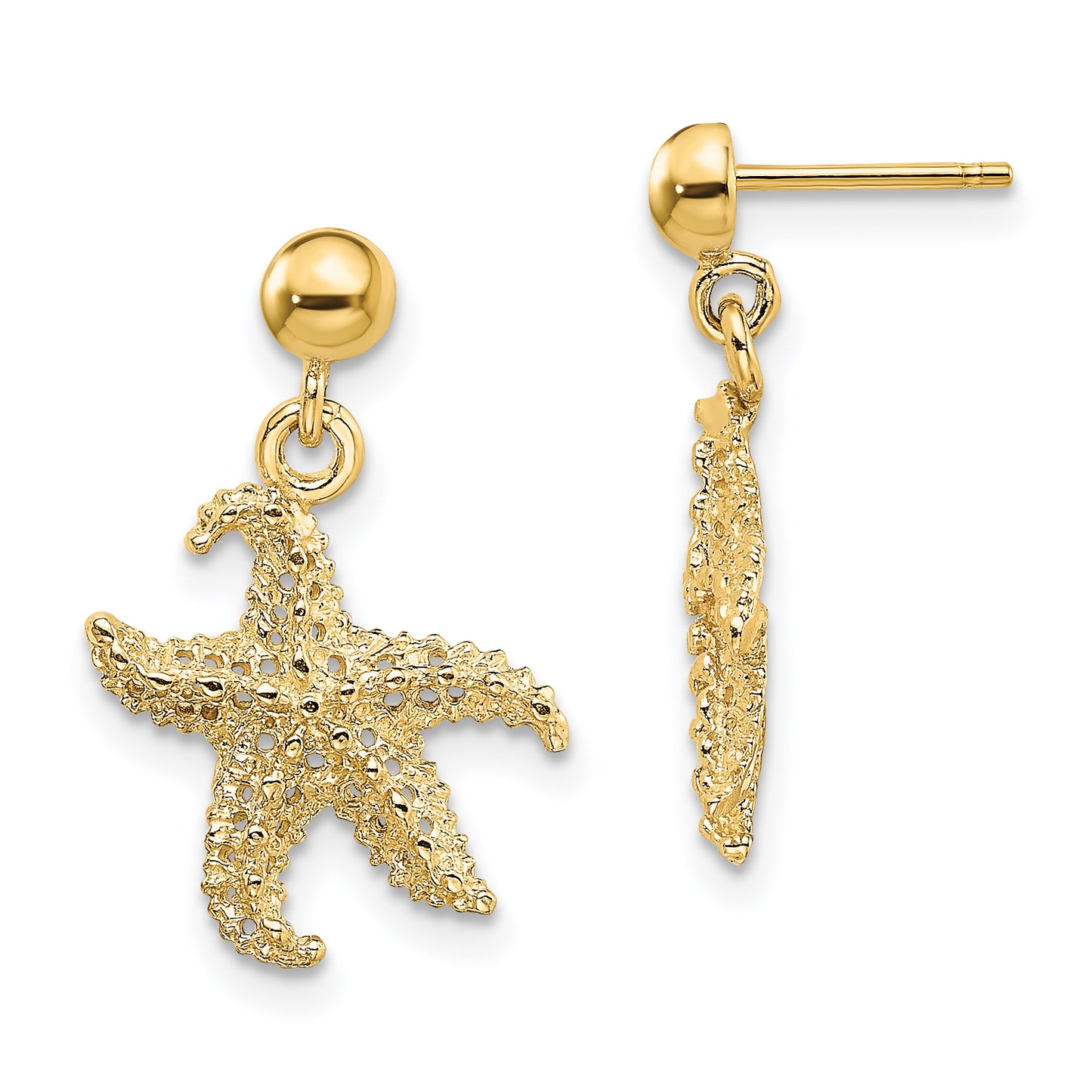 14K Yellow Gold 3D Starfish Post Dangle Earrings