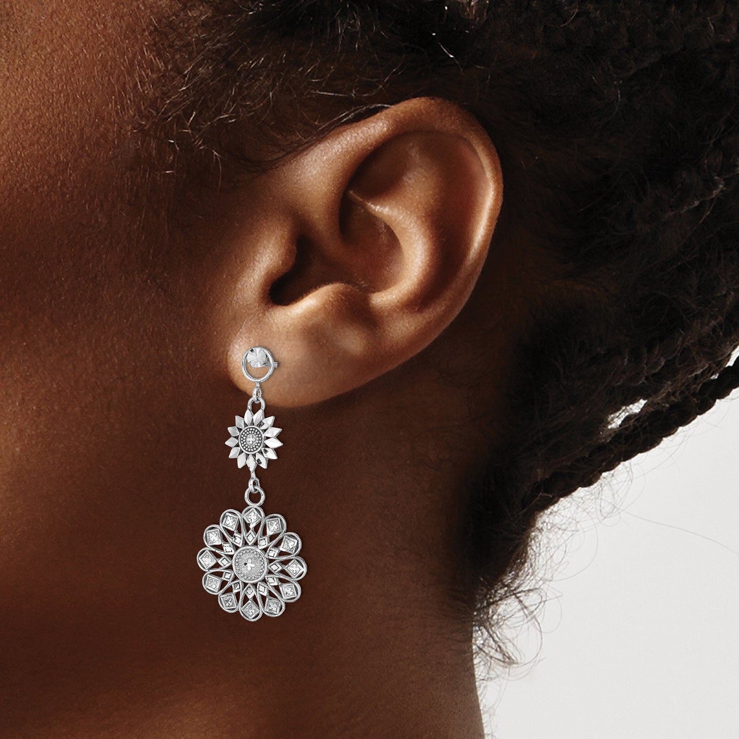 14K White Gold D/C Sunflower Style Double Drop Earrings