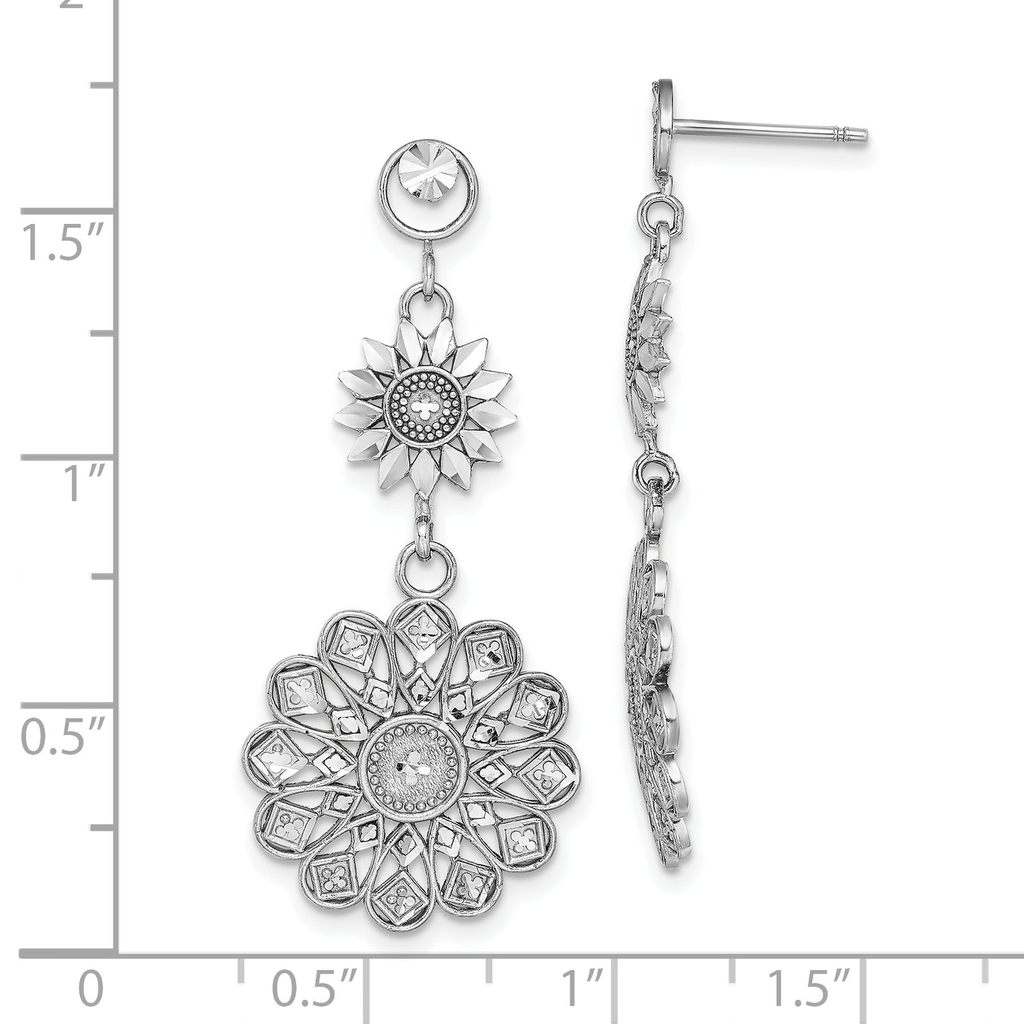 14K White Gold D/C Sunflower Style Double Drop Earrings