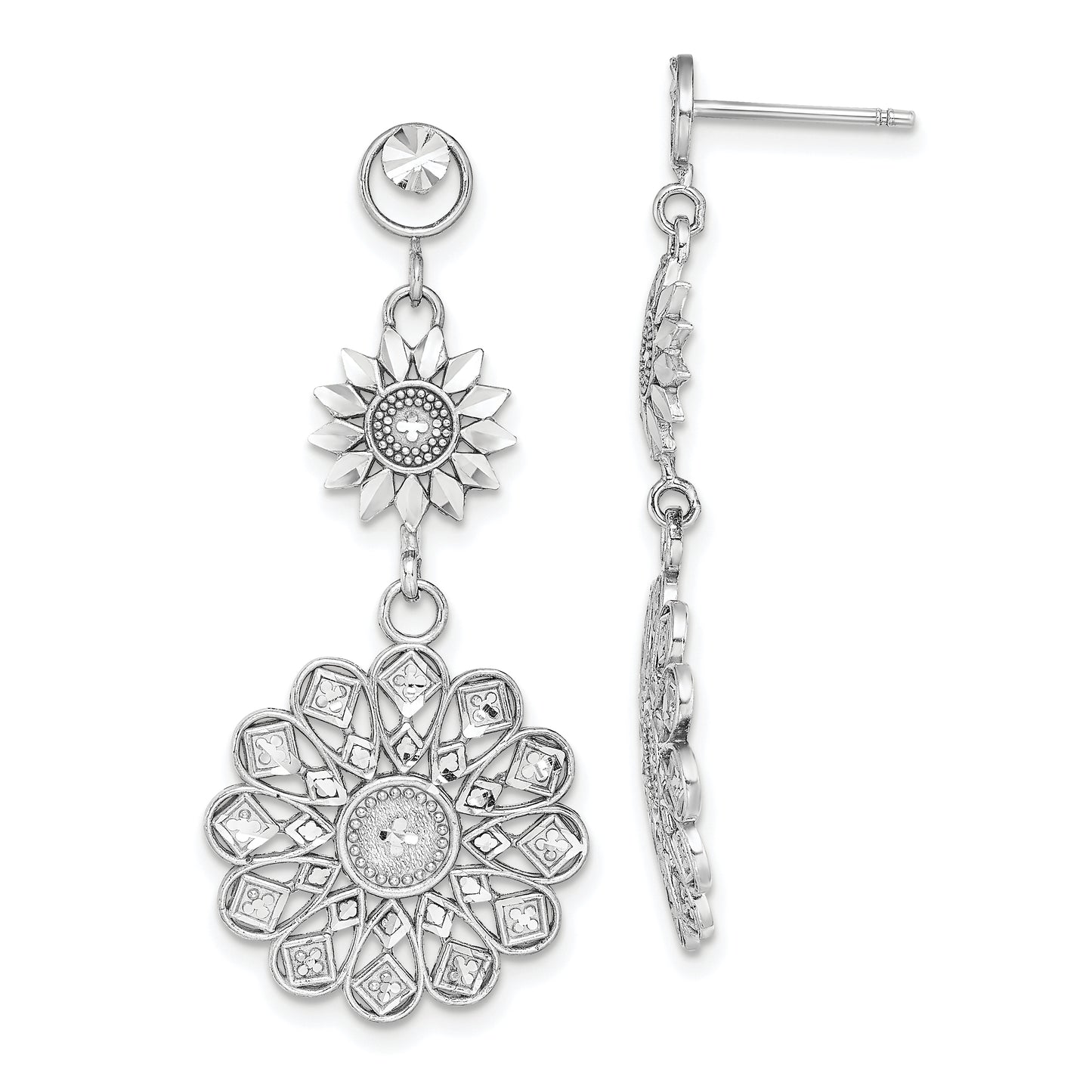 14K White Gold D/C Sunflower Style Double Drop Earrings