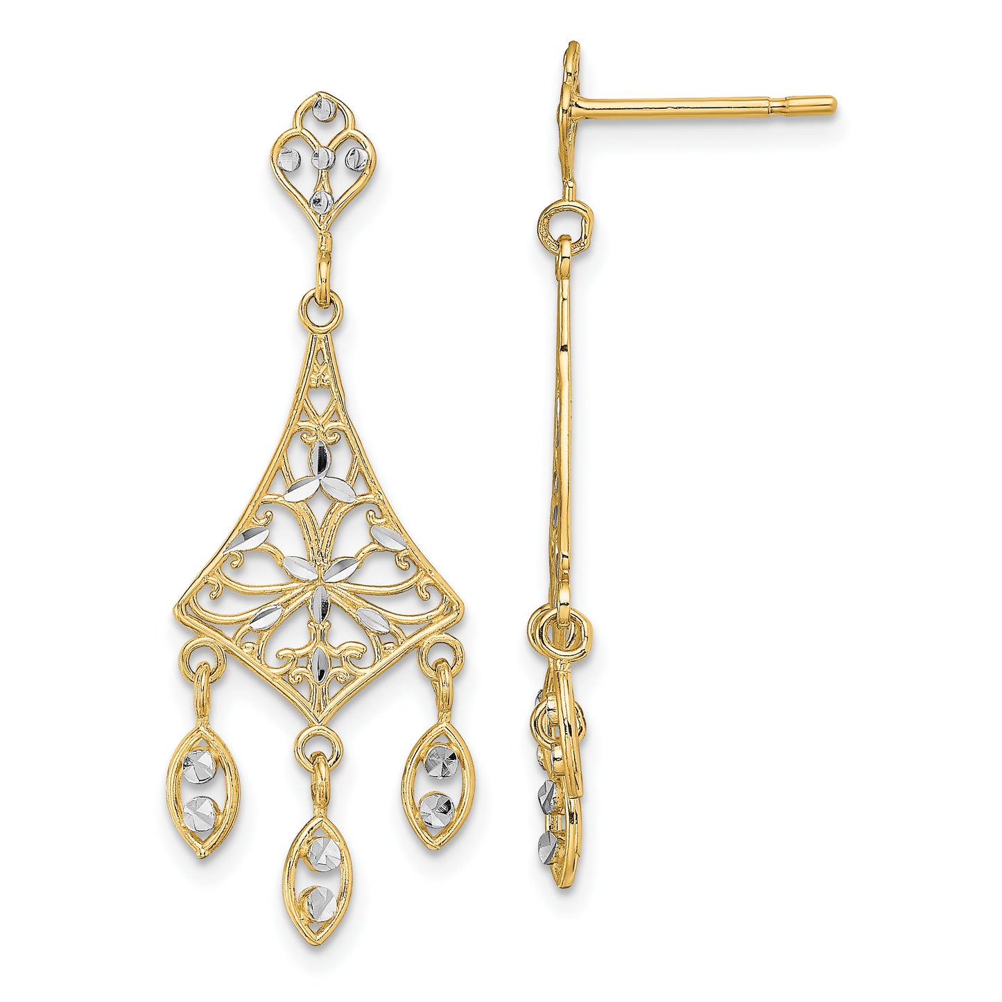 14K Yellow & Rhodium W/Rhodium Filigree D/C Chandelier Dangle Earrings