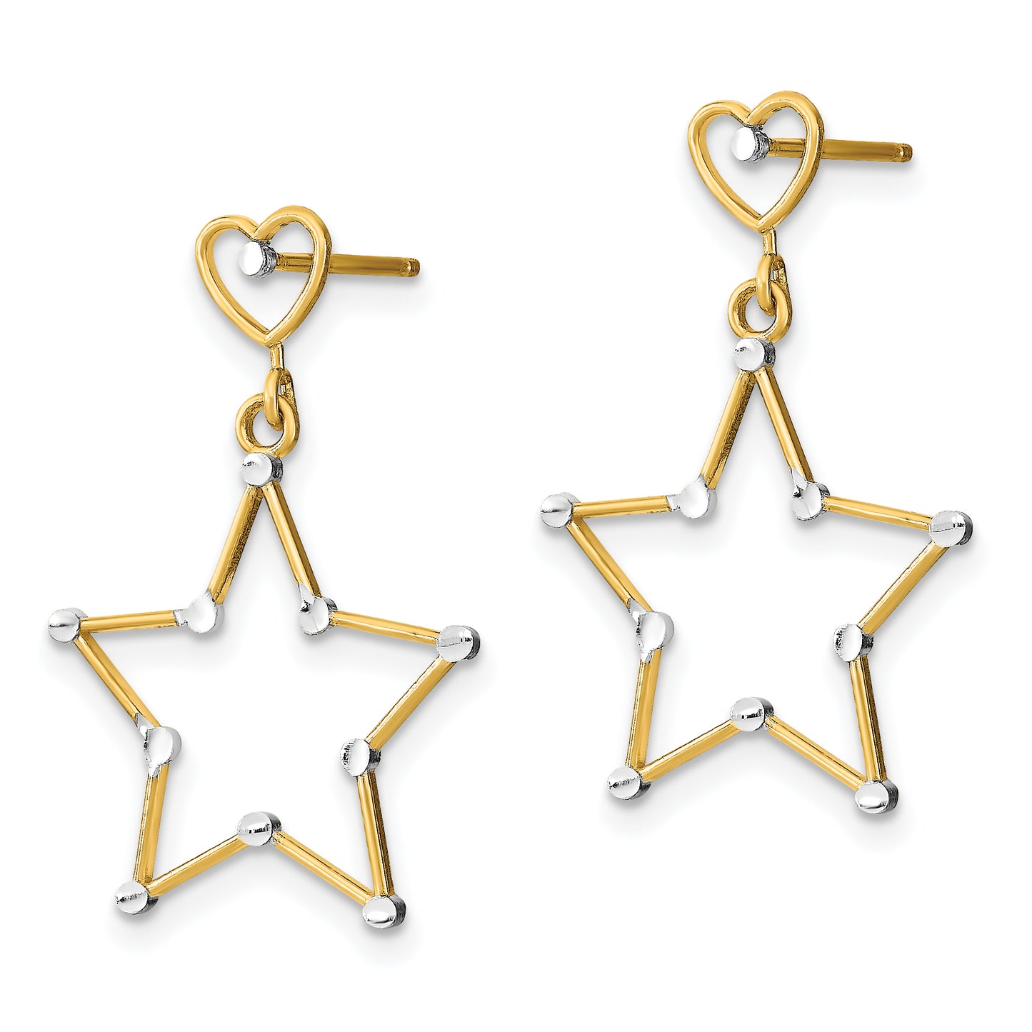 14K Yellow & Rhodium W/ Rh Diamond-Cut Heart And Star Post Dangle Earrings