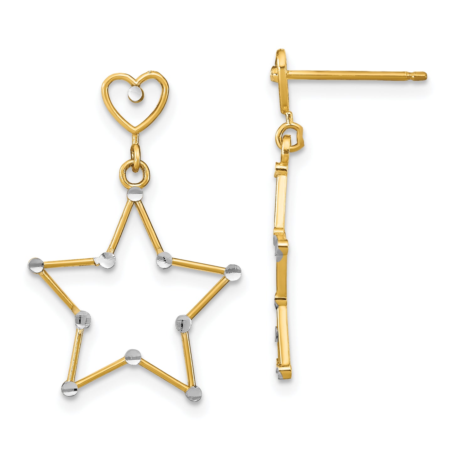 14K Yellow & Rhodium W/ Rh Diamond-Cut Heart And Star Post Dangle Earrings