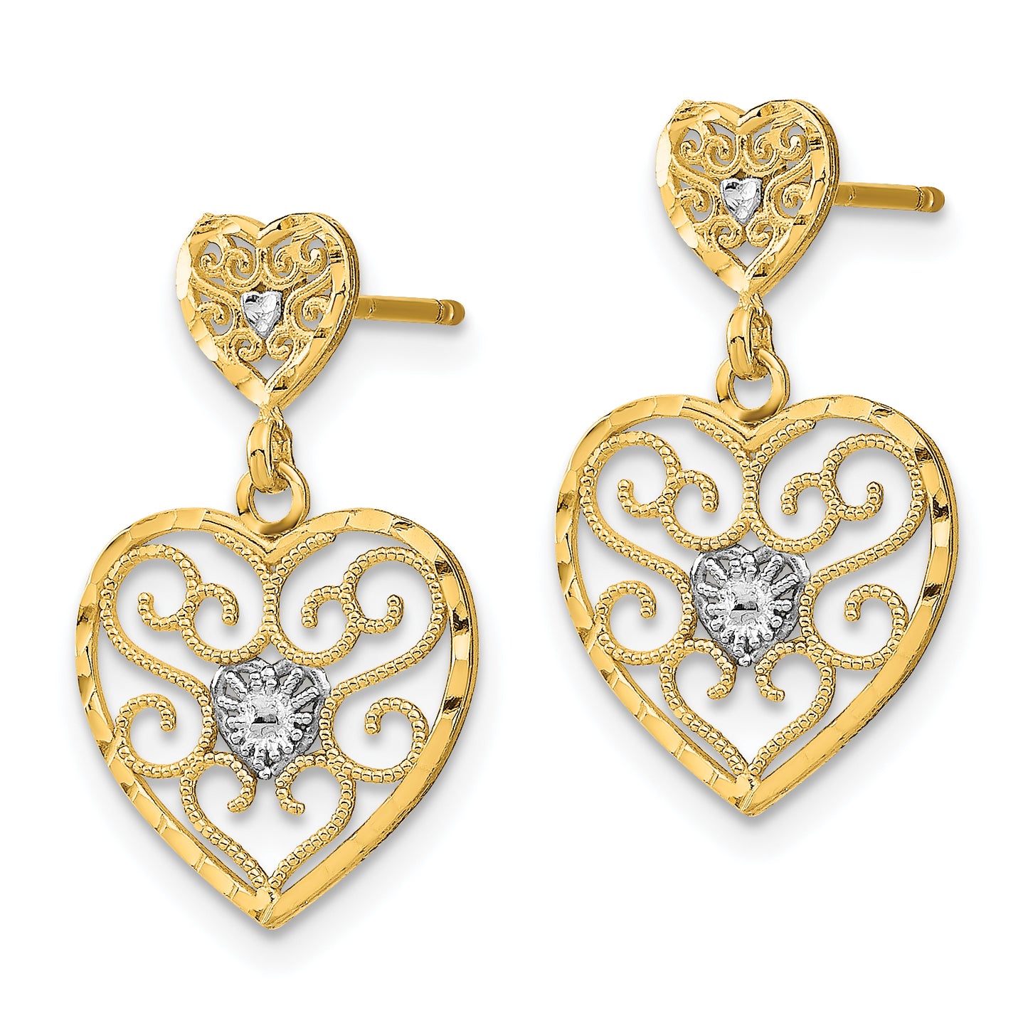 14K Yellow & Rhodium W/ Rh Heart Beaded Filigree Dangle Earrings