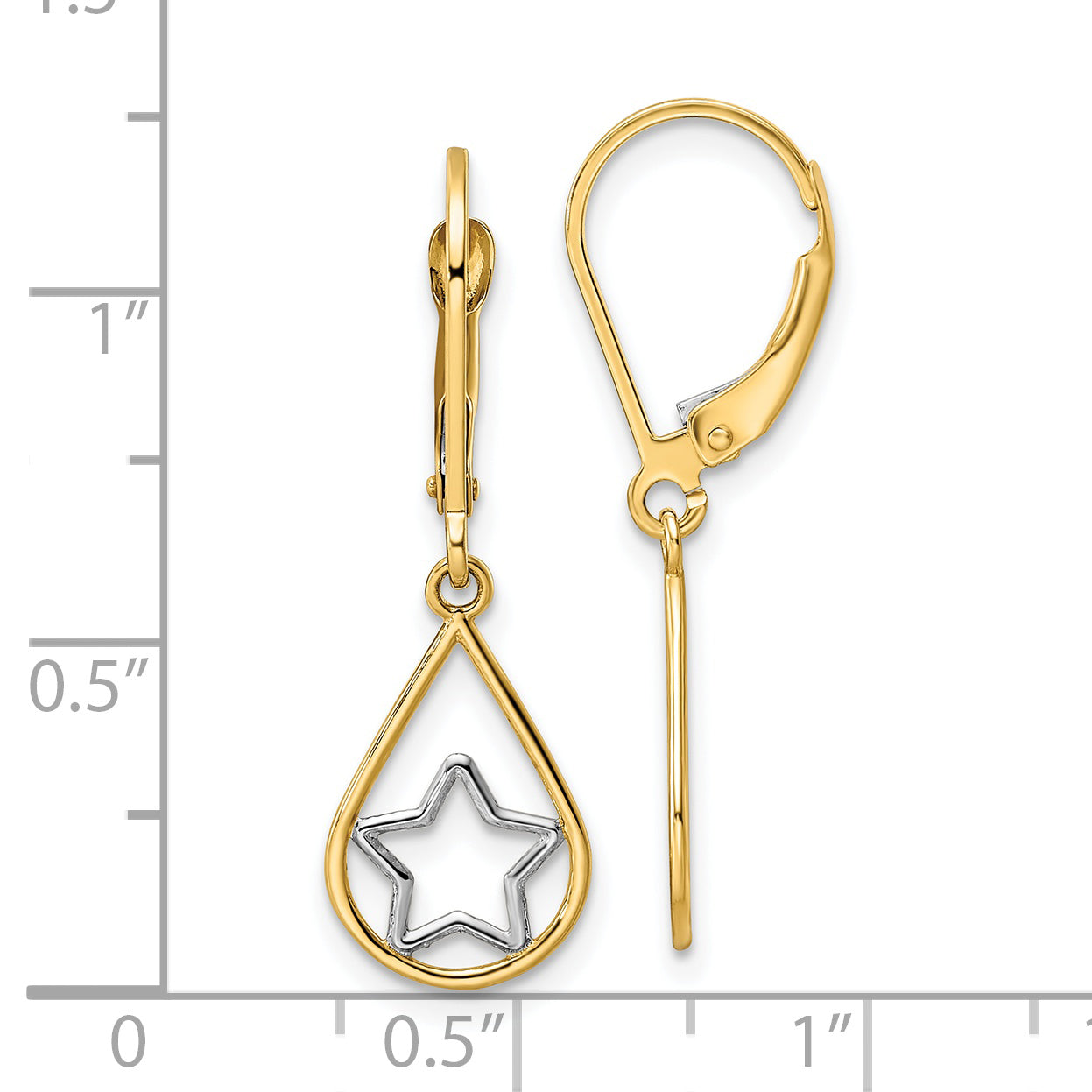 14K Yellow & Rhodium W/Rhodium Star In Teardrop Leverback Dangle Earrings