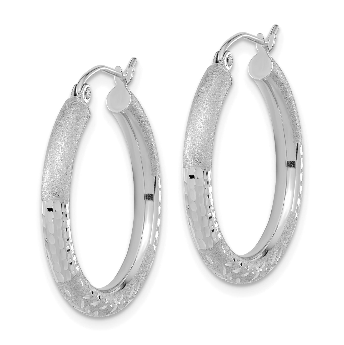 14K White Gold Polished Satin And Diamond-Cut Hoop Earrings