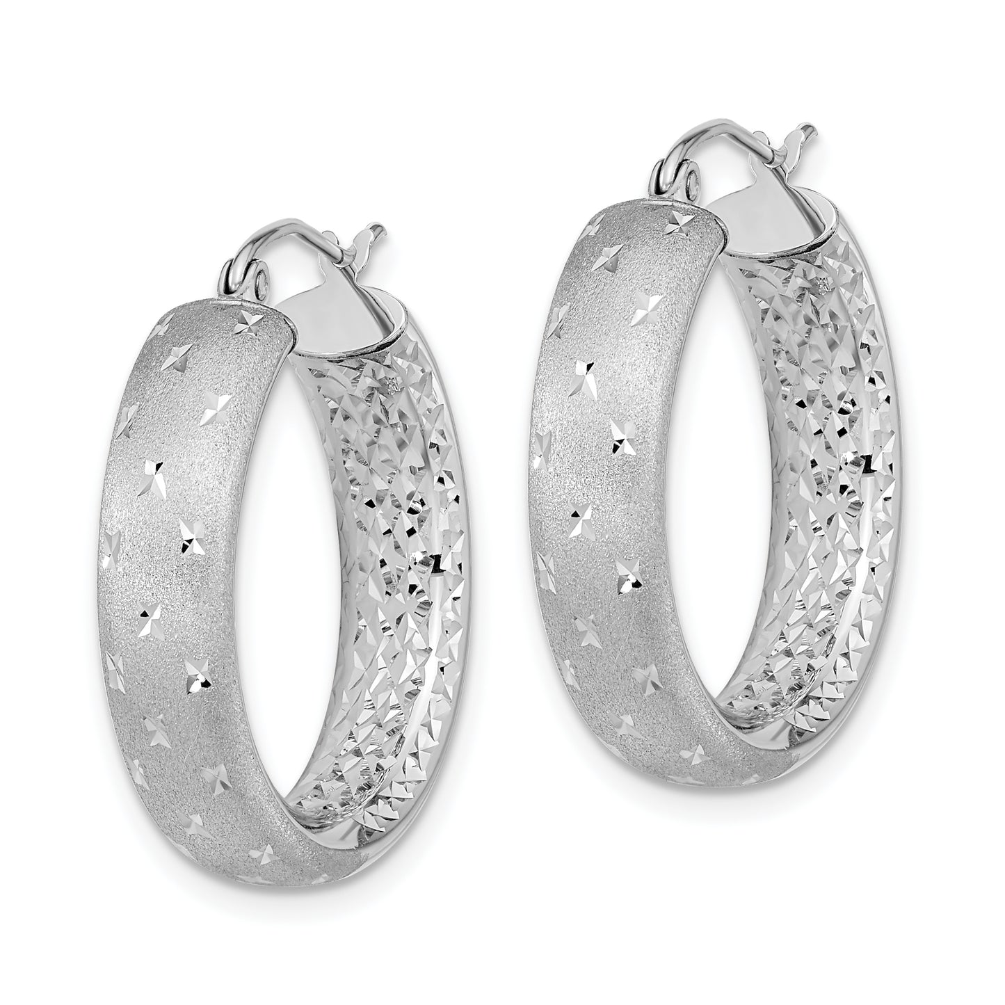 14K White Gold Polished Satin And Diamond-Cut In/Out Hoop Earrings