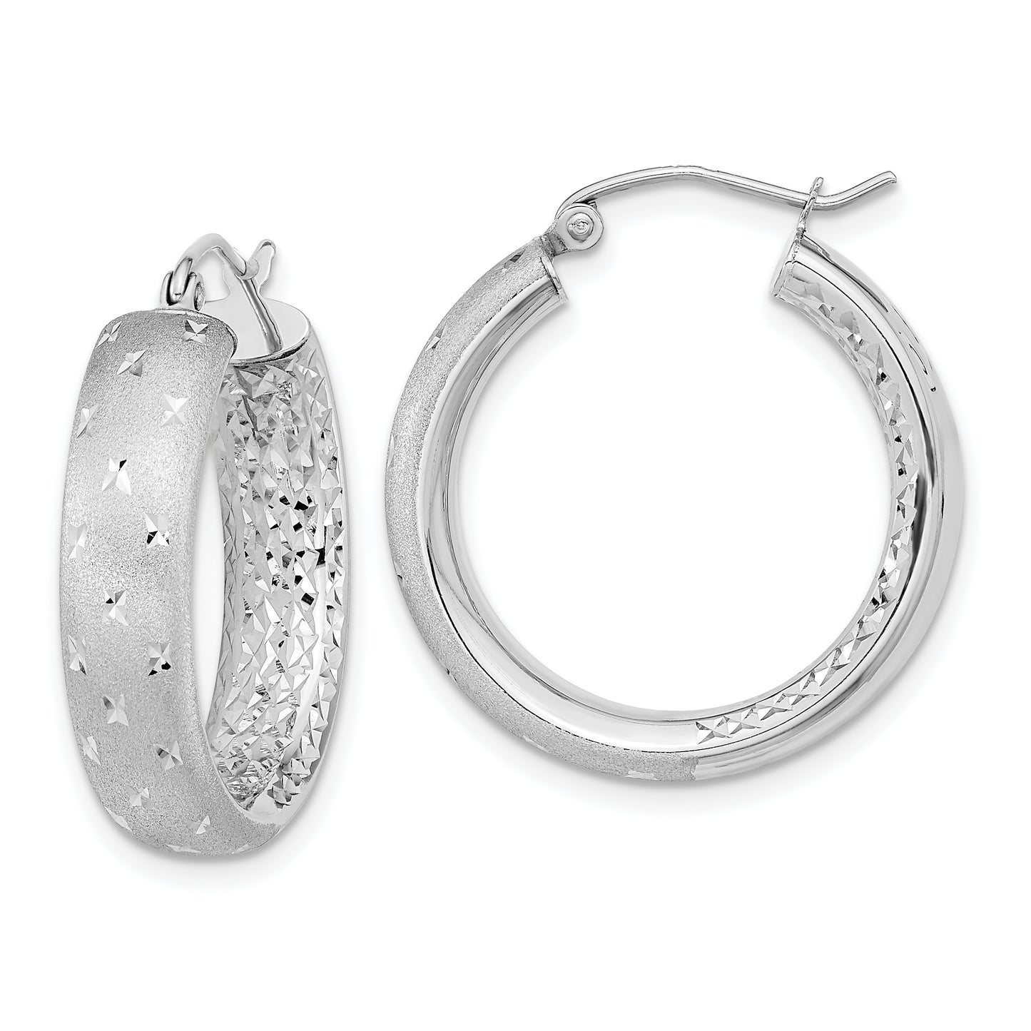 14K White Gold Polished Satin And Diamond-Cut In/Out Hoop Earrings